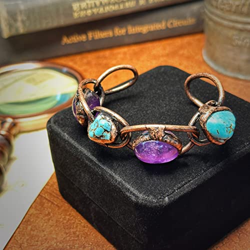 Purple Crystal Amethyst Turquoise Bracelet With Copper Open Bangle, Raw Gemstone Energy Healing Stone Handmade Bracelet, Fashion Gifts For Women #TOP1
