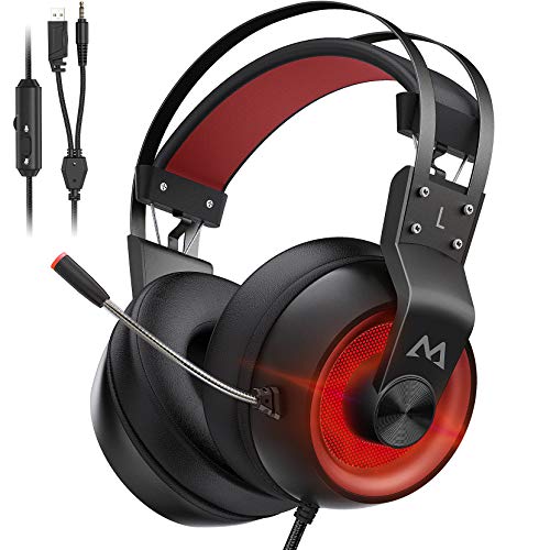 Mpow EG3 Pro Gaming Headset für PS4/PC/Xbox One/Mac/Switch, Virtual 7.1 Surround Sound, 3.5mm USB Over-Ear Kopfhörer mit Noise Cancelling Mikrofon, LED-Licht (Rot)
