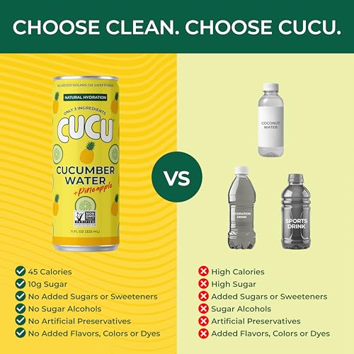 Image of CUCU Pressed Cucumber + Pineapple Water - Real Juice from Fresh Cucumbers and Pineapple with Vitamin C, Electrolytes & Antioxidants - No Sugar Added, Non-GMO - 11 fl oz Cans, 12 Pack