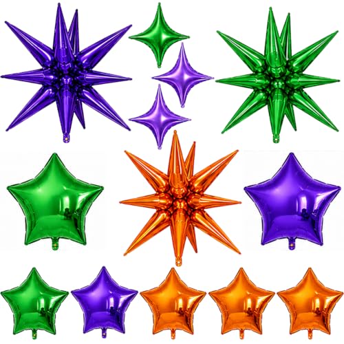 Image of Star Balloons Halloween Balloon Purple Orange Green Explosion Stars Balloon | 22 /18 /10 In Metallic Orange Purple Green Spike Stars Foil Balloon for Halloween Ghost Themed Birthday Gradution Party Decor