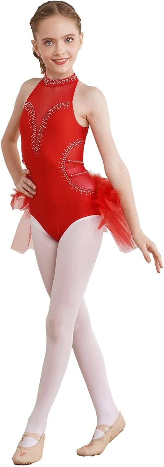 Gymnastics Leotard Kids Girls Rhythmic Gymnastics Leotard Dance Jumpsuit Tulle Skirted Skating Bodysuit Performance Costume(Blue,8)