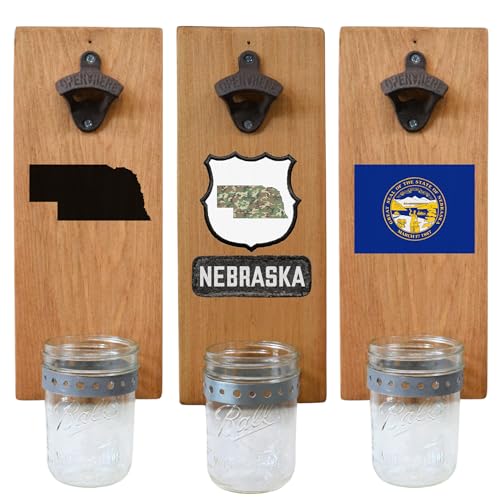 Nebraska Bottle Opener With State Flag or Map Graphic - Wall Mount Wood Board With Removable Cap Catcher and Cast Iron Opener - Rustic NE Gift and Home Decor