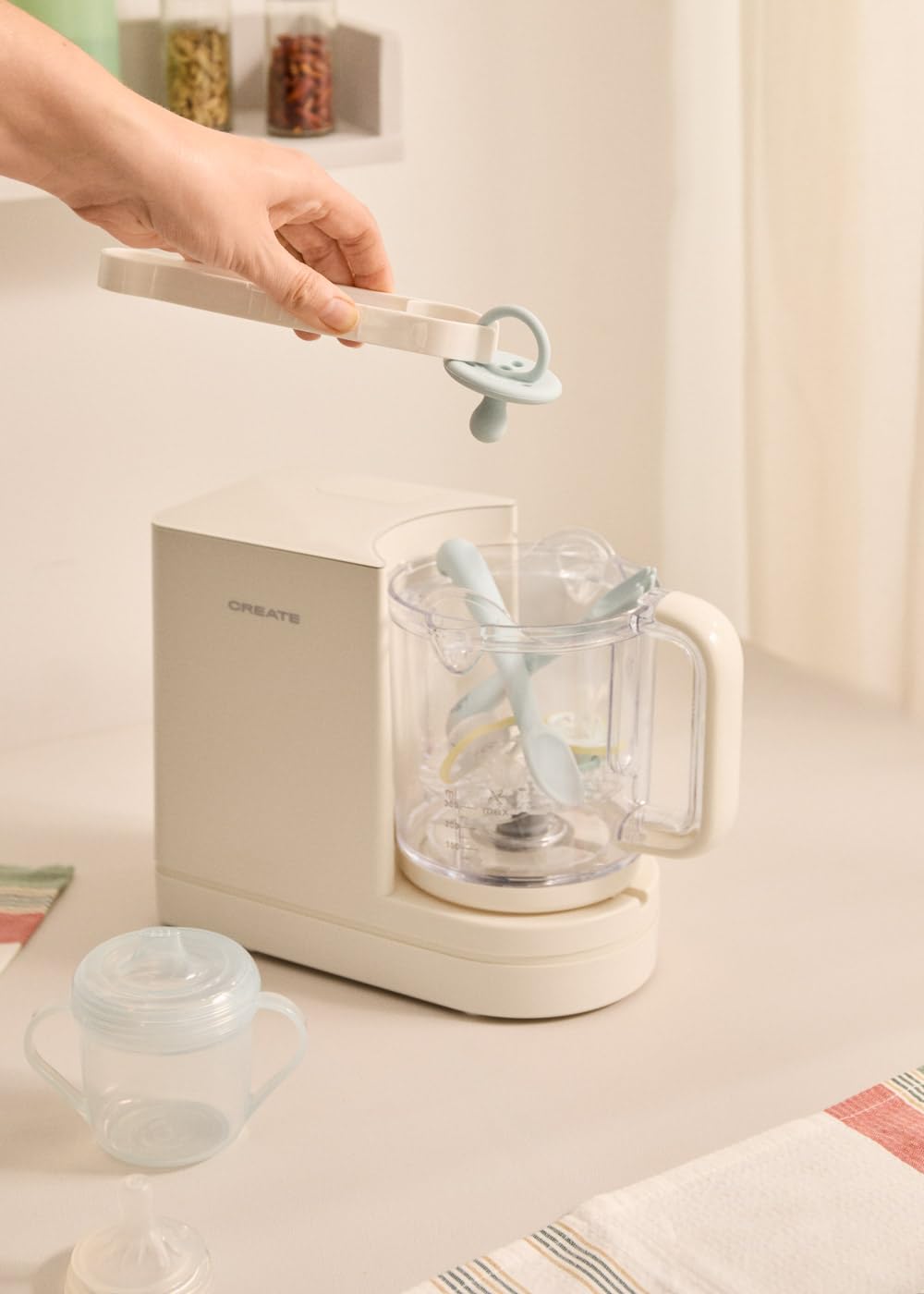 CREATE/BABY CHEFBOT/Robot de cocina esterilizador multifunción para bebés blanco roto/Libre de BPA, 6 funciones, programable, doble altura para biberones, 700W