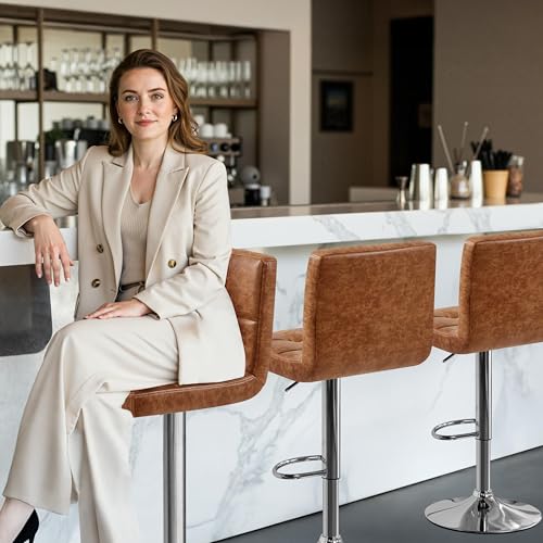 Image of Yaheetech Bar Stools Set of 4, PU Leather Swivel Barstools, Height Adjustable Counter Chairs, Modern Stools with Back for Bar Kitchen Island Dining Room, Retro Brown