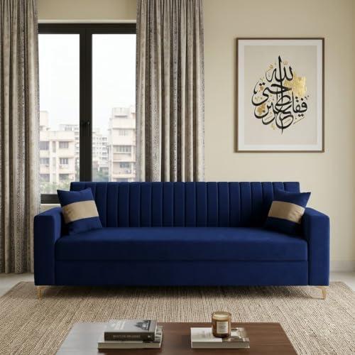 Image of FURNY Signature Regalia 3 Seater Sofa Set | Boston Fabric | 40D Foam + Zigzag Spring | 3-Yr Warranty (Midnight Blue & Warm Beige) | Modern Living Luxury Sofa Set for Home, Office & Hotel Spaces