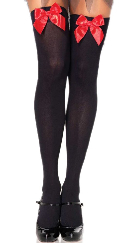 18Mm Women's Black/Red Opaque Over Knee Long Stockings With Satin Bows ()(Size: Fit: 150Cm -175Cm)