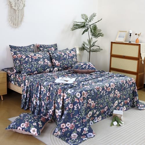 Image of FADFAY Sheets Set Cal King Vintage Dark Blue Floral Bedding Shabby Peony Floral Sheets French Country Bedding 800 Thread Count 100% Egyptian Cotton Deep Pocket Fitted Sheet 4Pcs, California King Size