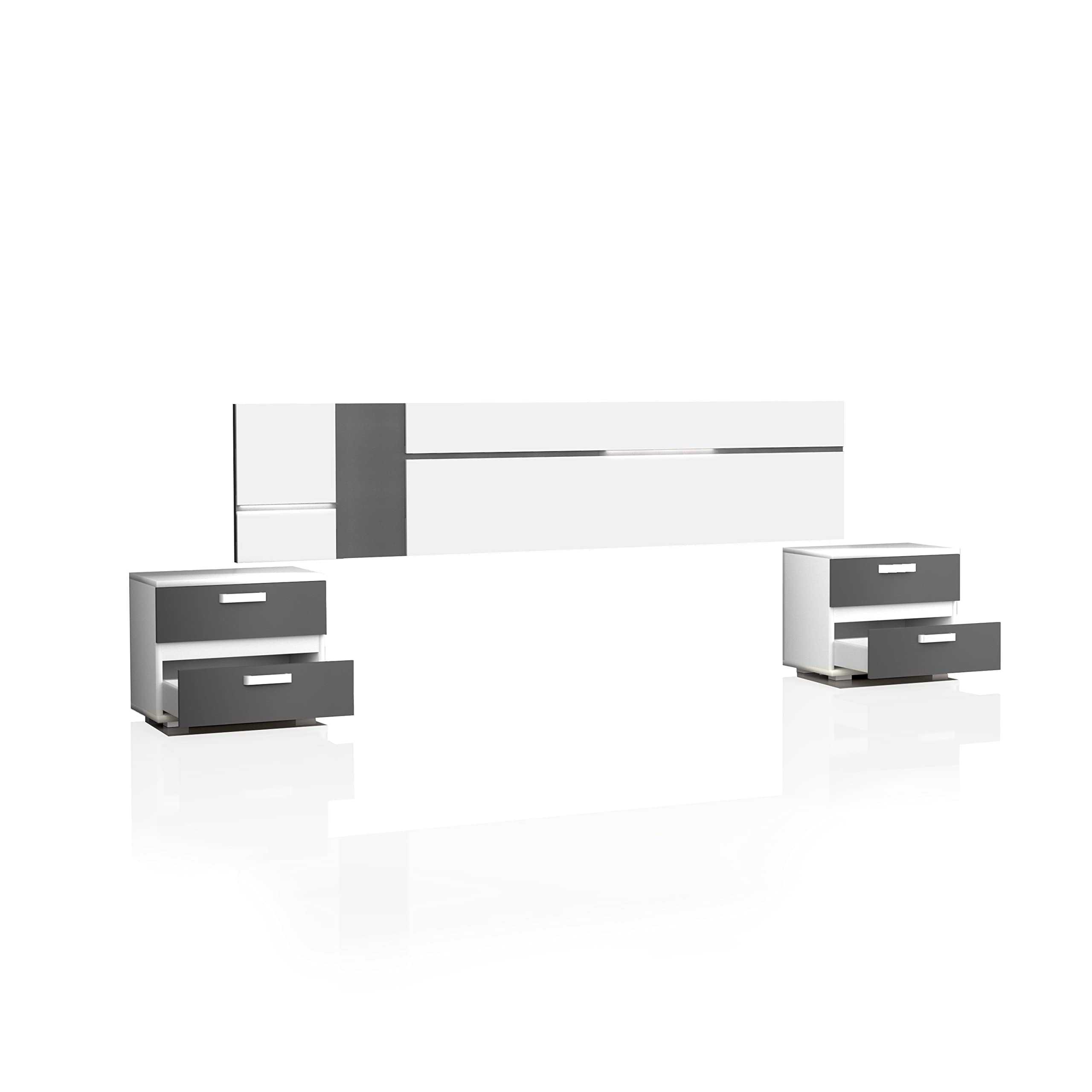duehome | Pack Cabecero con Leds y 2 Mesitas de Noche, Dormitorio Doble, Dormitorio Completo, Modelo Ataneq Air, Acabado en Blanco y Grafito
