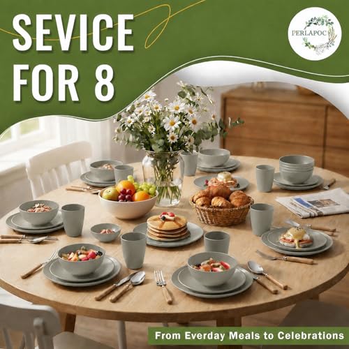 Image of Unbreakable Wheat Straw Dinnerware Set 40 PCS - Wheat Straw Plates and Bowls Sets With Cups for 8 Dishwasher & Microwave Safe Lightweight Dish Set for Party Camping Kitchen - Grey