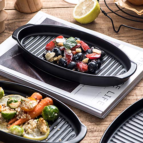 Bruntmor Porcelain Matte Glaze Sushi Sizzler Plate Black Serving Dishes Tray 10" (9" Inner Length) Plates For Eating| Oval Dish Dinner Set Of 4 Porcelain Oven Safe Plates With Handles #TOP5