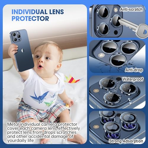 Image of Skinomi Camera Lens Protector Compatible with iPhone 15 pro [Anti-Scratch] Premium Tempered Glass Film Aluminum Alloy Lens Ring Cover, Blue Titanium