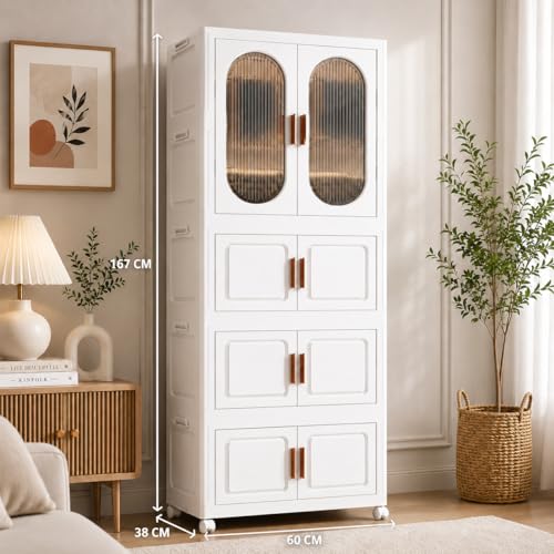 Image of EXVITO Modular Plastic Wardrobe for Bedroom | 1 Tier+3 Bins Foldable Cupboard with Hanging Rod | Stackable Storage Almirah for Clothes with Wheels | Multi-Layer Plastic Storage Cabinet - (White)