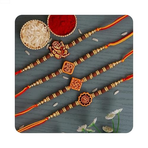 Image of eCraftIndia Set of 4 Rakhi Combo Hamper | Red Golden & White Beads Pearl Diamond Designer Rakhis