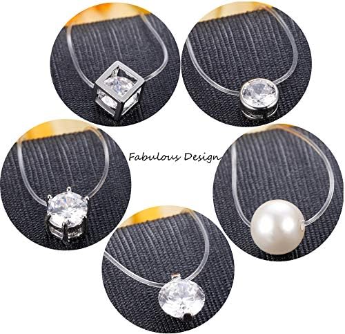 MILACOLATO 5Pcs Clear Fishing Line Necklace Solitaire Dazzling Zircon Clear Pearl Choker Necklace 5 51RF8WHJ7lL. AC