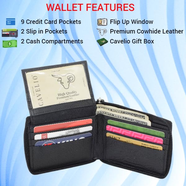 RFID Blocking Cowhide Leather Zip-Around ID Bifold Wallet for Men with Gift Box (Black)2