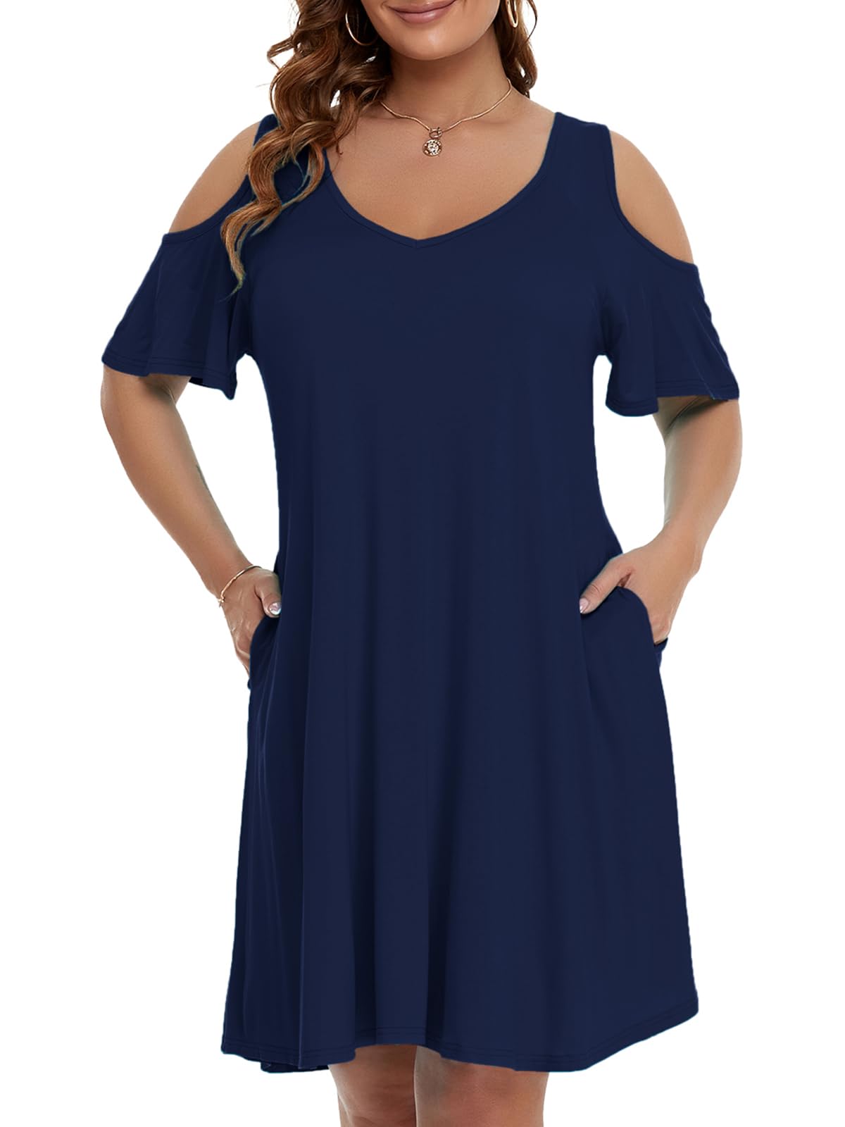 JollieLovin Womens Plus Size Short Sleeve Cold Shoulder V Neck T-Shirt Dress with Pockets