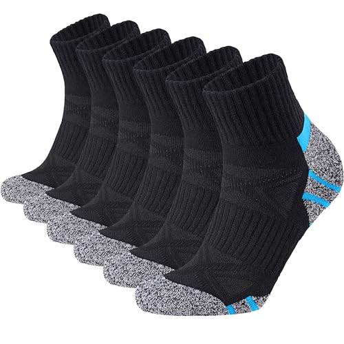 Stoeury Calcetines Cortos Hombre 6 Pares, Calcetines Hombre Tobilleros de Deporte con Algodón - Diseño Acolchado Anti-Ampollas, Soporte de Arco y Cuidado Anti-Fricción para Running y Tenis 43-46 Negro