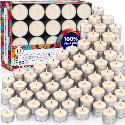 MOSROAD Tea Lights Candles 80 Pack 4 Hour Palm Wax White Tealight Candle Bulk for Home Natural Unscented Small Votive for Wax warmer Smokeless and Dripless Tea Light for Wedding Shabbat Emergency