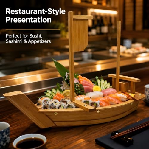 Image of Wooden Sushi Boat Serving Tray Plate, 20In Large Charcuterie Boards | Nature Bamboo Handmade, Japanese Sushi Plate, Restaurant or Home Party Display Platter