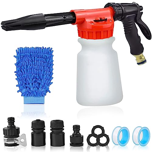 Car Wash Foam Gun, Snow Foam Gun Sprayer with 3/8" Brass Connector & 1L Bottle, Nozzles, Wash Mitt, Car Accessories for Men - Snow Foam Cannon Cleaner - Wash Kit for Washing Home Garden Watering Red