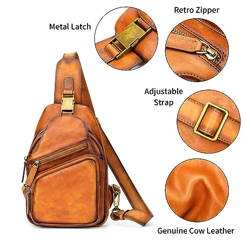NIUCUNZH Genuine Leather Sling Bag Front Metal-Latch Crossbody Bags Handmade Vintage Chest Shoulder Backpack for Women Men Brown2