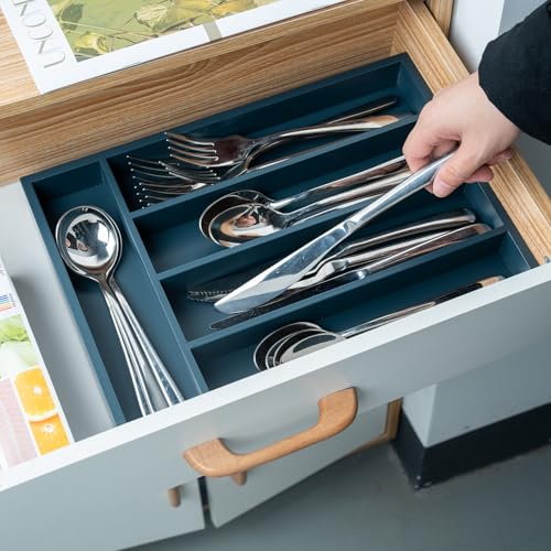 Fibogollo Silverware Organizer Bamboo Kitchen Drawer Organizer Kitchen Utensil Organizer with 5 Slots Flatware Organizer Tray for Kitchen, Flatware, Utensils（Blue） - Thumbnail 4