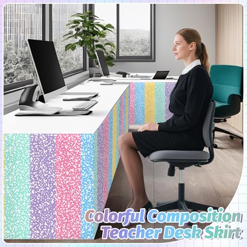 Image of 9FT Pastel Composition Table Skirt Teacher Desk Skirt for Colorful Composition Notebook Classroom Decor Rectangle Table Cover for Back to School Party Supplies Kindergarten Office Bookcase Cabinet