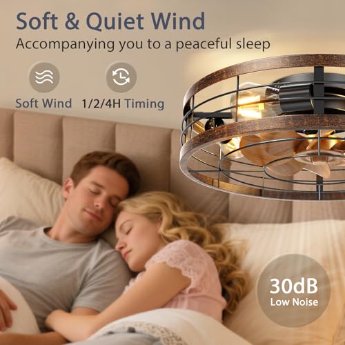 Image of VOLISUN Farmhouse Caged Ceiling Fans with Lights Flush Mount, 19.7'' Rustic Low Profile Ceiling Fan with Light and Remote, Bladeless Fandelier Ceiling Fans with Lights for Kitchen, Bedroom-Gold