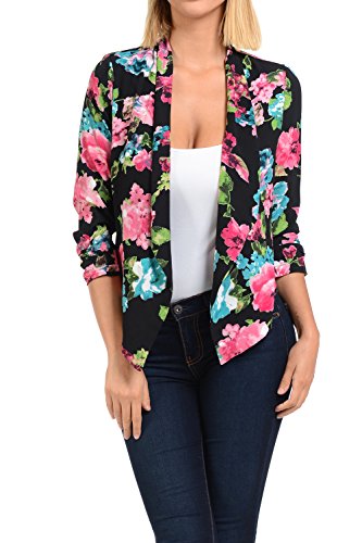 Auliné Collection Womens Floral Casual Lightweight 3/4 Sleeve Fitted Open Blazer