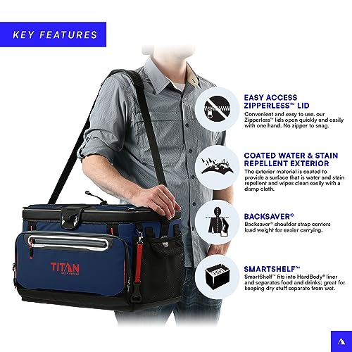 Titan Deep Freeze Cooler - 48 Can Zipperless Hardbody Cooler - Deep Freeze Insulation, HardBody Liner, and SmartShelf - Navy Blue