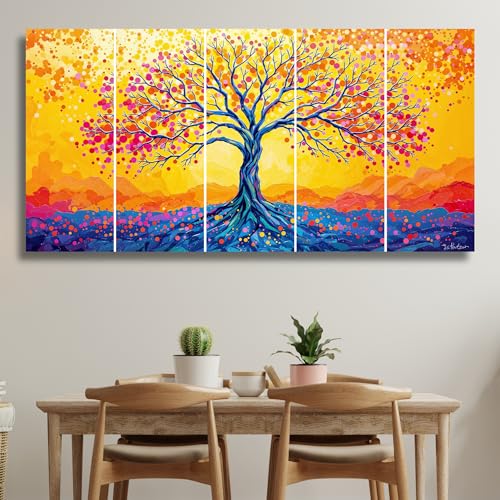 Image of Kalpvriksh Tree Painting MDF Wall Art | Sparkle Laminated Golden Tree Painting in 5 Pieces | Big Size Wall Art for Living Room, Office, Bedroom, and Home Decor