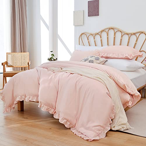 Smoofy Blush Ruffle Comforter Set Full Size, 3 Pcs Pink Boho Vintage Shabby Chic Bedding Set, Soft Fluffy Microfiber Comforter Set For All Season #TOP4