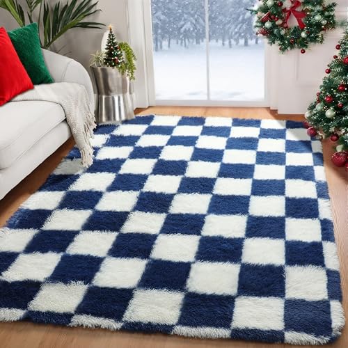 KICMOR Navy Blue and Cream White Rugs for Living Room,