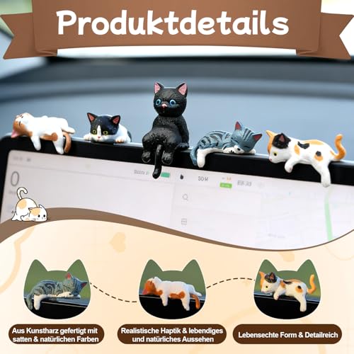Quixion Katzenfigur Harzmaterial, 5 Teiliges Computer Monitor Katze Deko, Mini Katzen Figuren, Katzenfiguren Deko Mini Resin Cat Auto Dekos FüR Armaturenbrett, Mittelkonsole Und BüRo-Schreibtisch