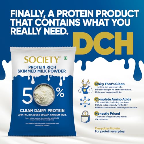 Image of Society Protein Rich Skimmed Milk Powder, 50% Protein - 10g Protein per Serving | Clean Dairy Protein with All 9 EAAs & including all 3 BCAAs | No Added Sugar, Low Fat | Whey Alternative | Veg | 250g