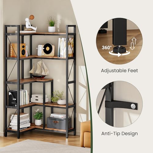 CHOEZON 5-Tier Corner Bookshelf, 65.5'' Tall L-Shaped Bookcase, Corner Storage Stand with Metal Frame, Display Storage Rack, for Living Room, Home Office, Bedroom, Rustic Brown TSJ12BF by CHOEZON - Image 7
