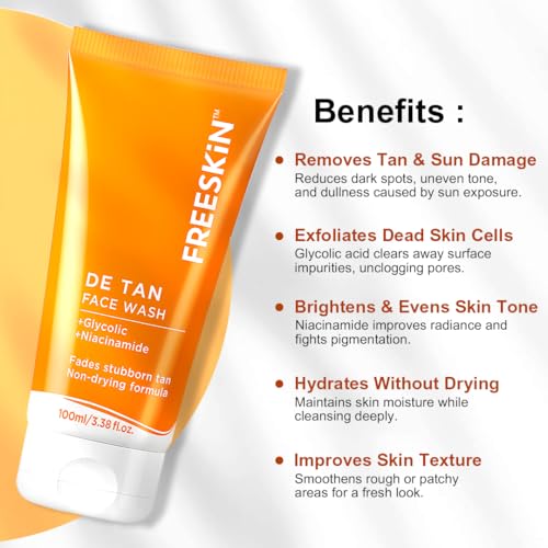 Image of Freeskin De Tan Face Wash with Glycolic & Niacinamide | Tan Removal | Non-Drying Formula | Brightens & Evens Skin Tone | 100ml