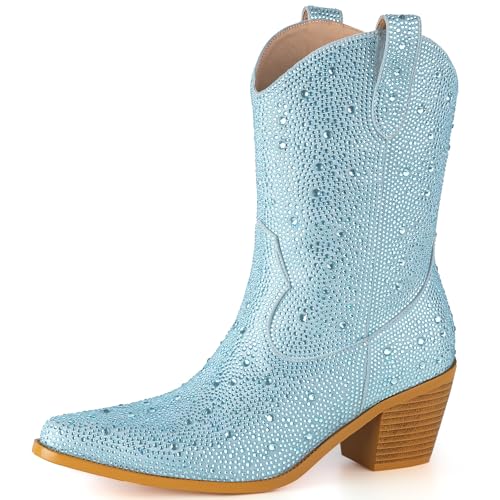 Women’s Rhinestone Cowboy Boots Pointed Toe Mid Calf Boots Sparkly Block Heel Cowgirl Boots with Pull On Tabs