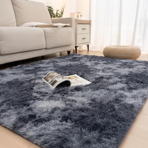 Vamcheer Shaggy Area Rug for Living Room- Soft Washable Large Rug Bedroom Carpet, 8mm Thick Pile Tie-Dye Rug for Bed Living Room Kids Room Decor Anti Slip, Gray, 160x230cm