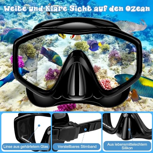 MILFECH Schnorchelset Erwachsene, SchnorchelnSet mit Taucherbrille und Trocken Schnorchel,Anti-Fog Anti-Leck Schnorchelmaske aus Gehärtetem Glas,für TauchenSchnorcheln Schwimmen,DrySchnorchel(Schwarz)