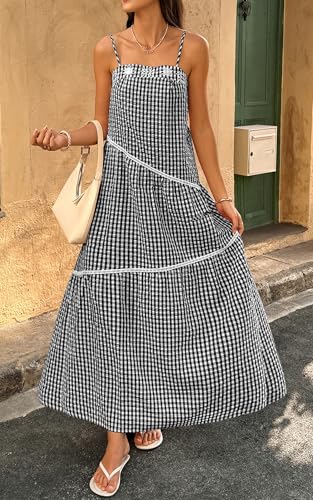 Image of ECOWISH Women Sleeveless Maxi Dress: Summer Spaghetti Strap Casual Loose Boho Beach Dress Asymmetric Tiered Flowy Long Dress 429 Black S