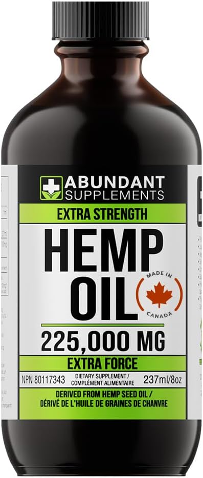 Hemp Oil 225,000 Mg (8 oz) Made in Canada - Extra Strength Formula Helps Treat Inflammation & Pain Relief - Derived Hemp Seed Oil Rich in Antioxidants Improves Skin Health & Sleep โ Non-GMO Omega 3 6 9 Balance Oil