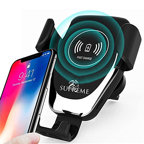 Supreme Universal Wireless Car Charger, 10W/7.5W/5W/20W/15W Qi Fast Charging Phone Holder for Car Air Vent and Dashboard Windscreen, Auto-clamping Car Mount/Cradle Phone Holder (Black)