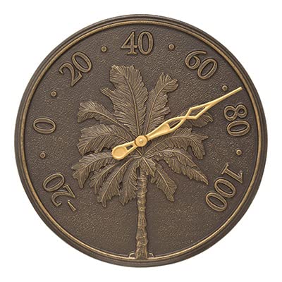Whitehall Palm Tree Wall Thermometer, 16 Inch French Bronze Aluminum Outdoor Thermometer with Large Numerals, Decorative Coastal Temperature Gauge for Patio Porch Garden, Made in USA