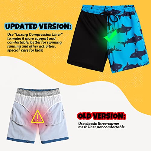 Boys Swim Trunks Little Boys Bathing Suit Swim Shorts With Boxer Brief Liner Quick Dry Beach Swimsuit Compression Shorts 3-14 Years (5-6 Years, Blue Shark) #TOP3
