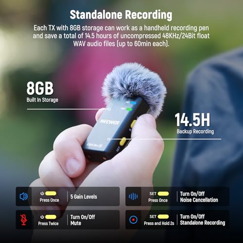 Image of NEEWER CM28 Max Wireless Lavalier Microphone System with Charging Case 48KHz /24Bit Lossless Float Recording Noise Cancellation 8GB Storage 25Hrs Battery 300m Range for iPhone iPad Android Camera PC