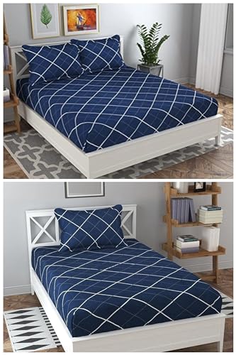 Image of Combo Pack of 2 Elastic Fitted Bedsheet 1 for Double Bed and 1 for Single Bed of Same Print 200TC(Blue White LINE)