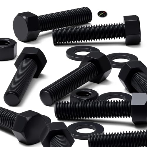 Image of 10x Black Nylon PA66 Hex Head Plastic Bolts, Nuts & Washers, M12 x 50 mm, Fastener, (15 /32 x 1 31 /32 in)