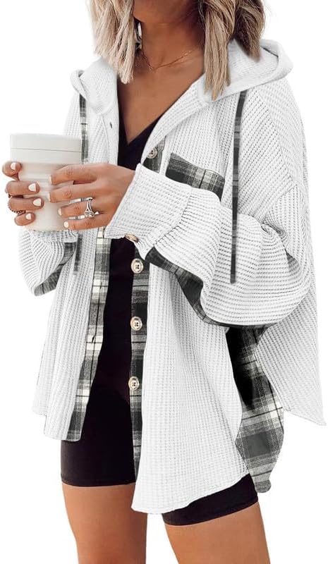 SHEWIN Womens Waffle Knit Plaid Shacket Boyfriend Button Down Shirt Hooded Jacket Loose Long Sleeve Tops