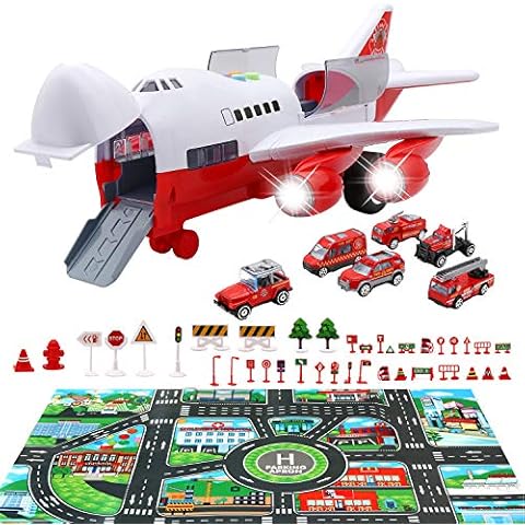 PETUOL Car Toys Set with Transport Cargo Airplane, Educational Vehicles Fire Fighting Car Set for Kids Toddlers Child Gift for 3 4 5 6 Years Old, Large Play Mat and 6 Trucks Large Plane 11 Road Signs Cover